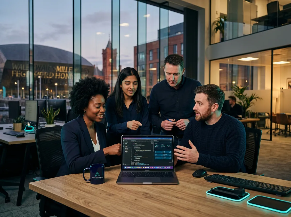 Modern UK office in Cardiff with automation specialists collaborating