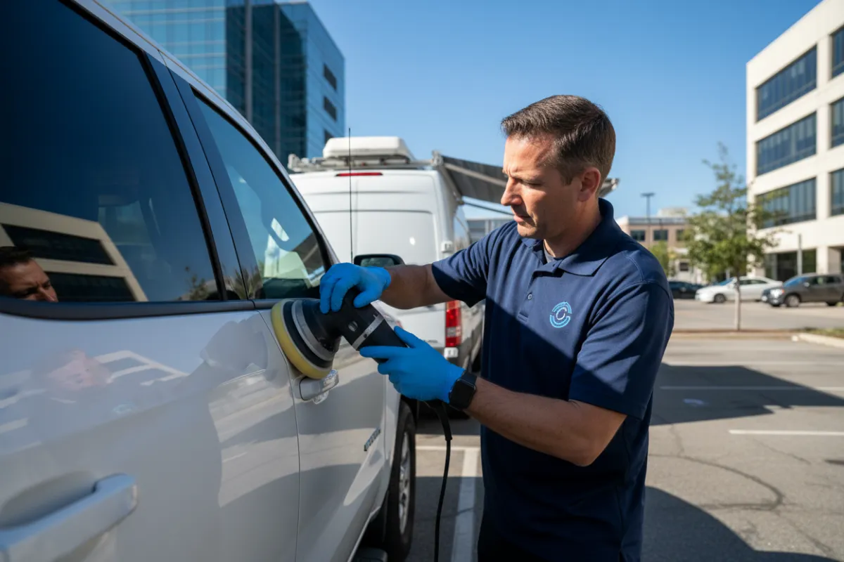 Mobile car detailing service professional polishing vehicle door with eco-friendly products in Arlington, TX.