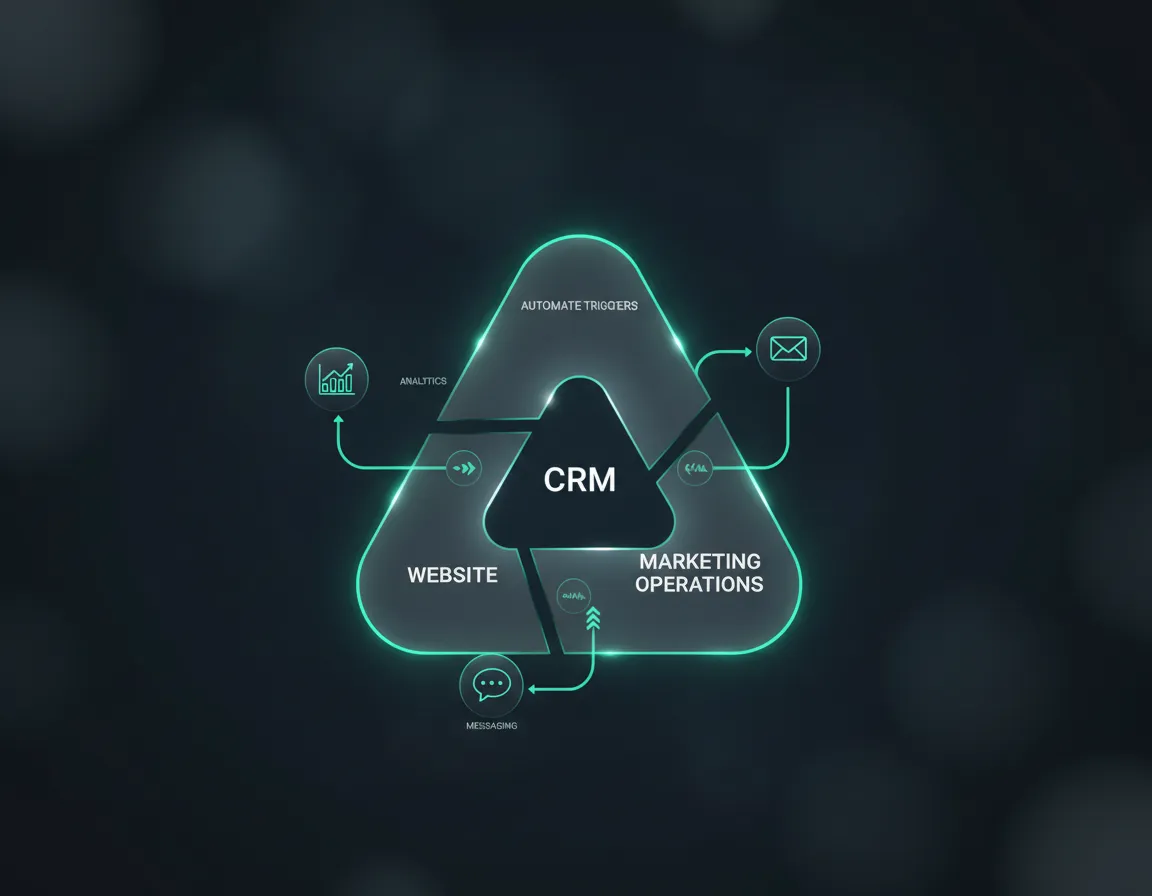 Illustration showing seamless integration between CRM, website, and marketing operations