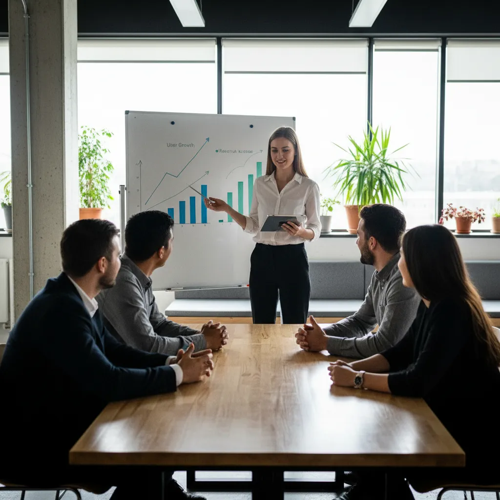 A young woman presenting her new product to a small group, with a whiteboard showing growth charts. The group is engaged and supportive, and the setting is a bright, modern co-working space.