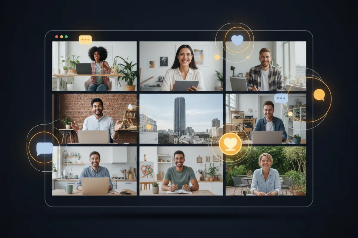 A group video call with diverse entrepreneurs, each in their own workspace, smiling and interacting. The screen shows chat bubbles and supportive messages, highlighting connection and encouragement.