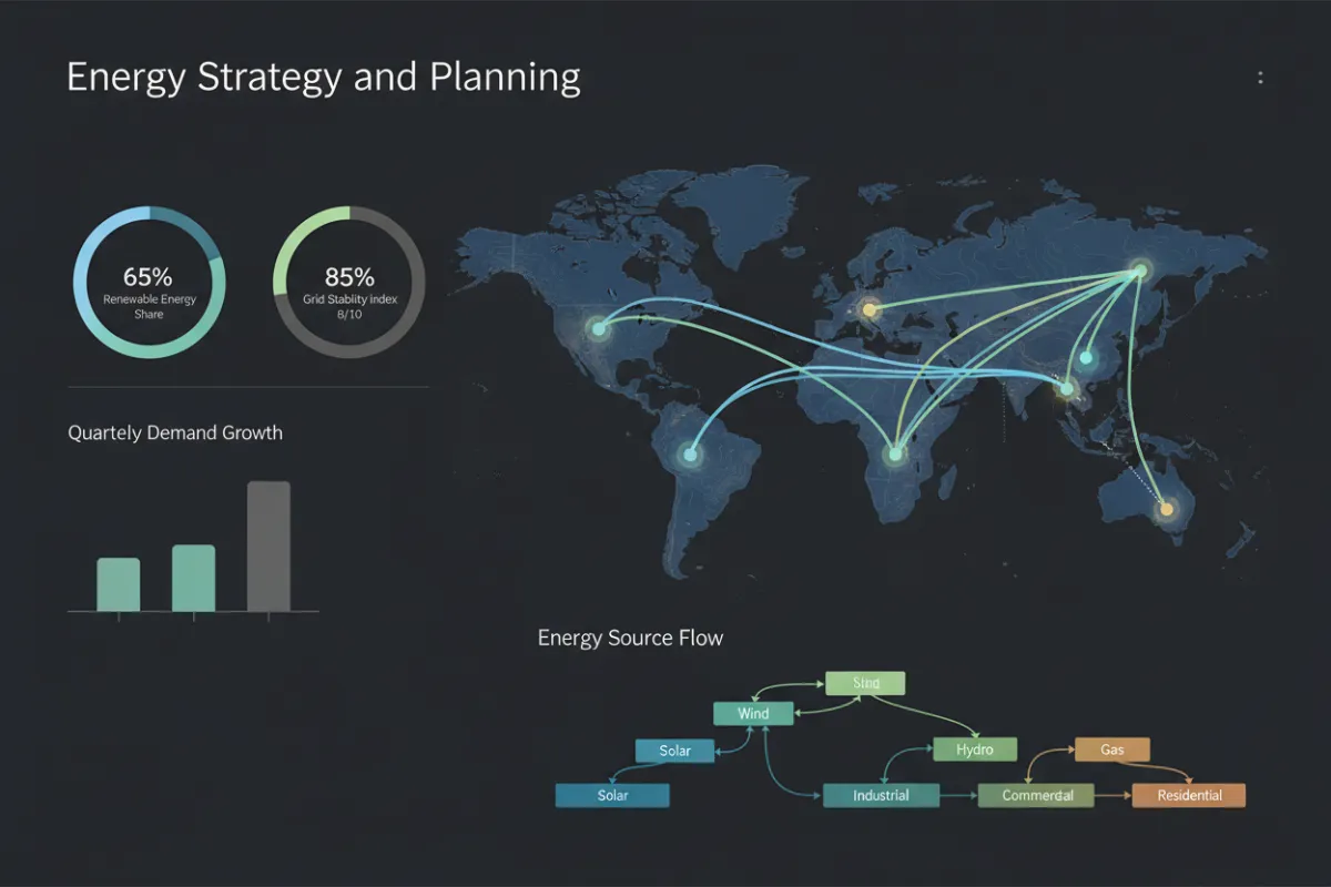 Data visualization of electricity grid infrastructure: dashboards, regional grid maps, and network diagrams.