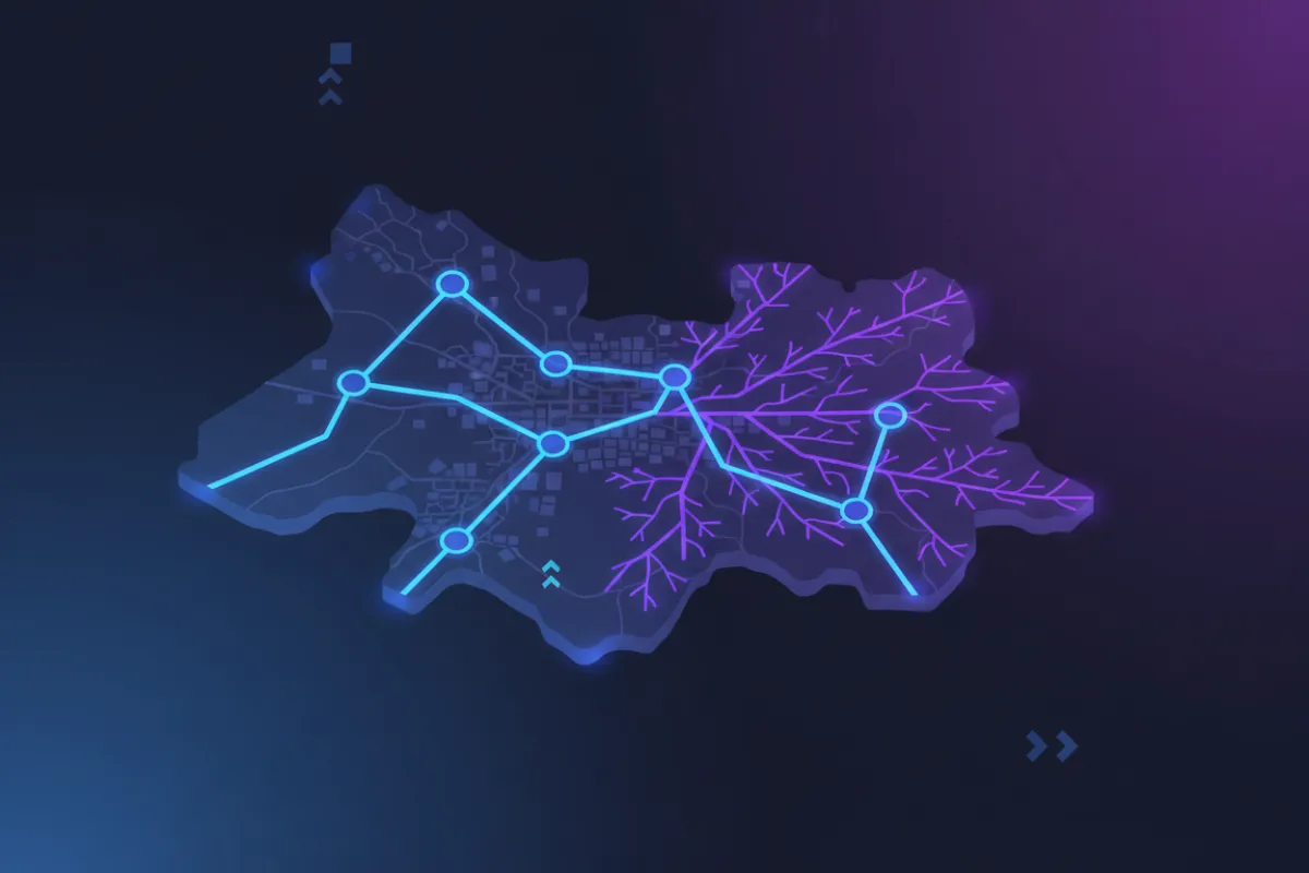 High-level electricity grid map showing transmission and distribution layers across a region.