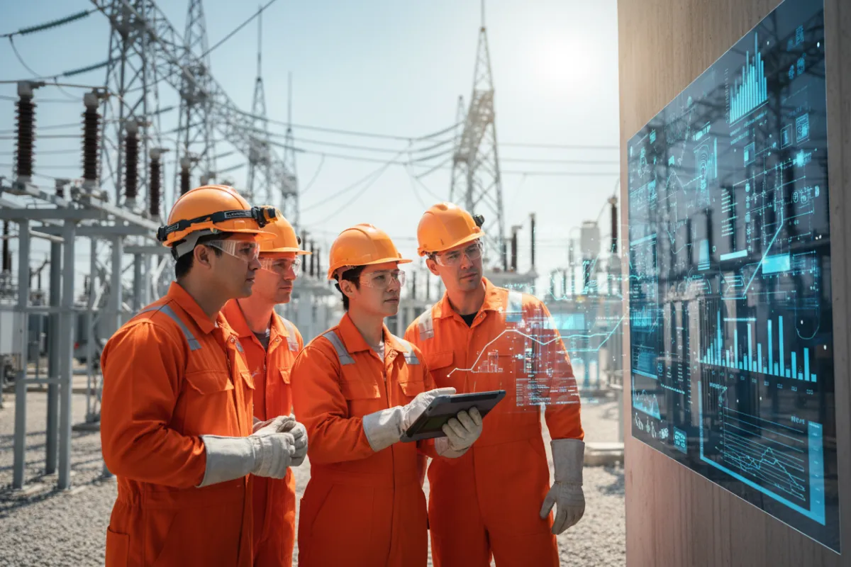 Engineers at a substation reviewing digital data overlays on tablets and a wall-mounted screen