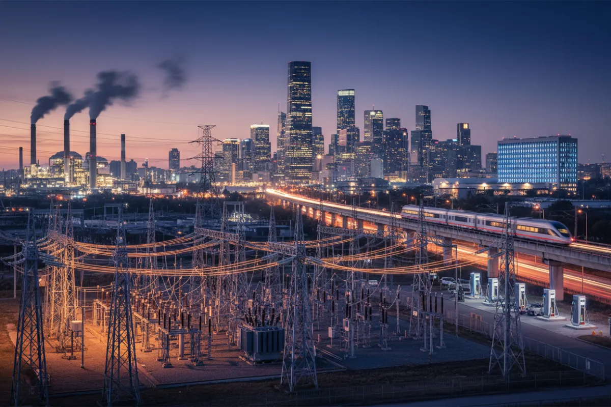 Electricity infrastructure supplying power to cities, industry, transport, and digital infrastructure.