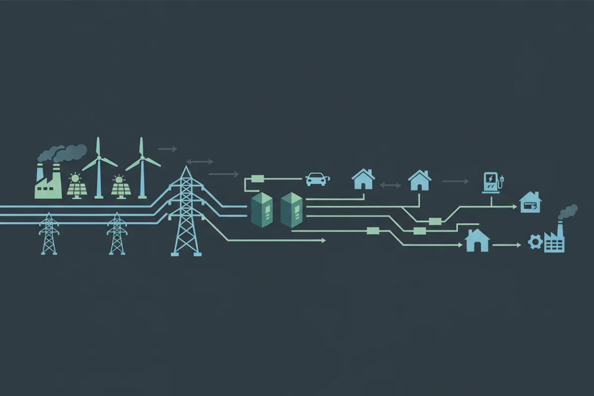 Diagram of the electricity system showing generation, transmission, distribution, and endpoints connected as a whole.