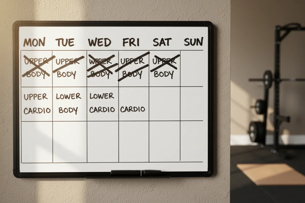 Photorealistic gym training board showing a printed training plan with multiple session boxes visibly crossed off
