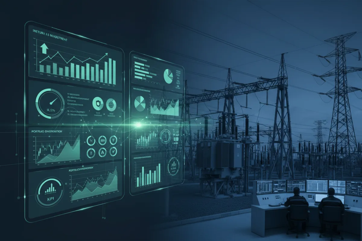 An investor in a modern office reviewing energy market data on a laptop