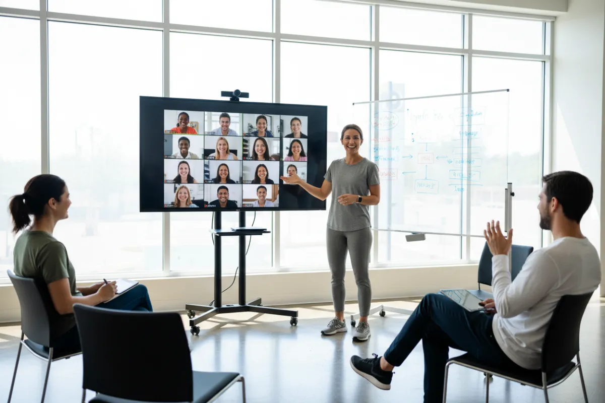 A friendly business coach leading a small online workshop, with participants' faces visible on a screen. The setting is bright and modern, with notes and diagrams on a digital whiteboard. The mood is encouraging and interactive.