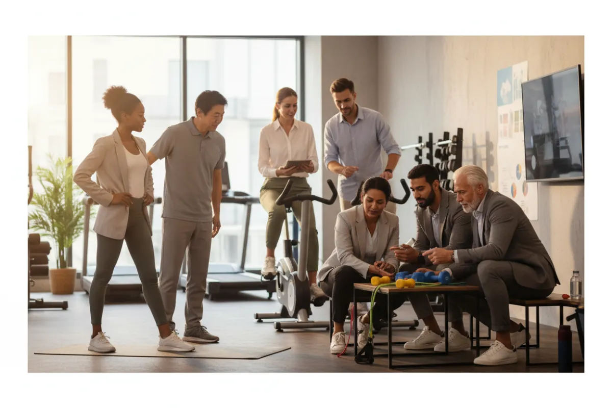 A vibrant, modern illustration of diverse business people exercising and collaborating in a gym-like workspace, using fitness equipment alongside laptops; the scene is energetic, inclusive, and professional.