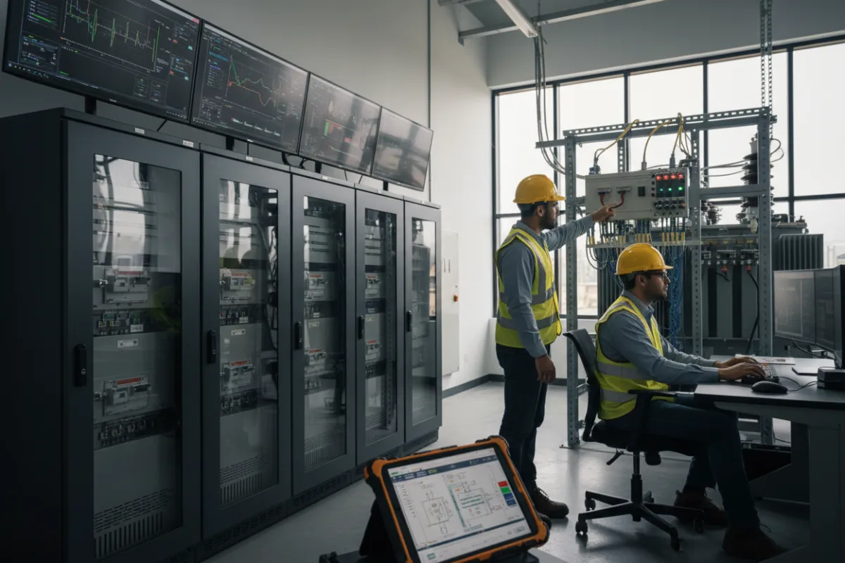 Utility engineers inspecting a substation with monitoring and control systems visible.