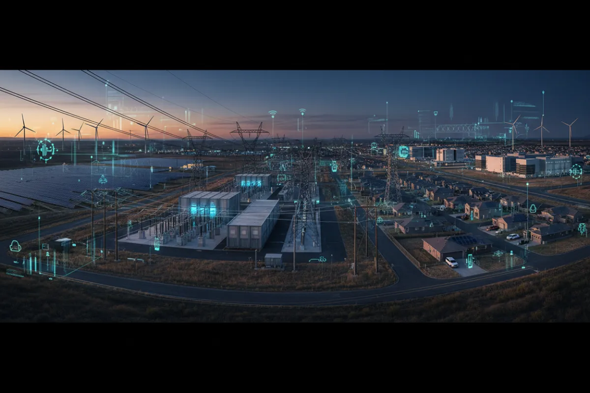 Photorealistic panoramic visual of an electricity grid showing high-voltage transmission and distribution networks connected to homes with electric vehicles, industrial facilities, renewable generation (wind and solar), and data centres, with technology overlays illustrating monitoring and control bridging innovation into real-world grid operations.