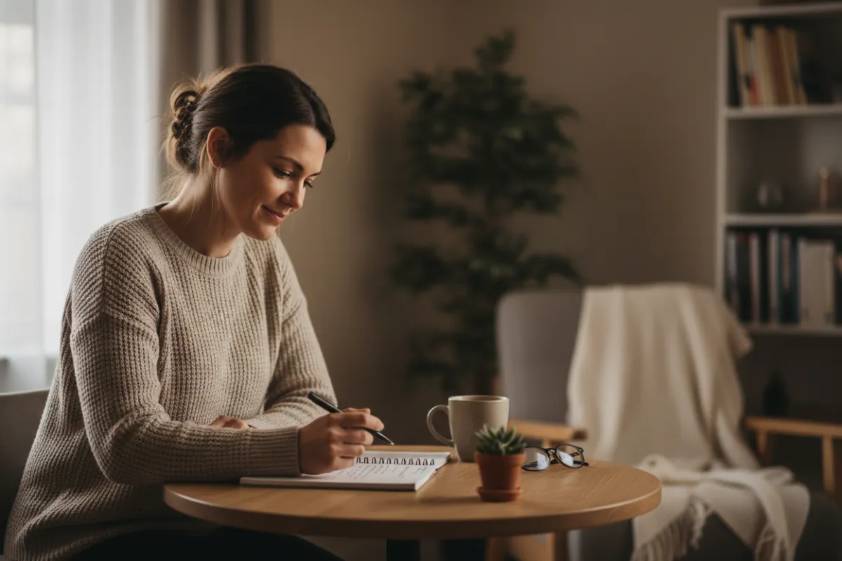 A solo entrepreneur at a small desk, looking thoughtful but hopeful, with a notepad and coffee, in a cozy home workspace. The background is softly blurred, emphasizing the individual's focus and determination.