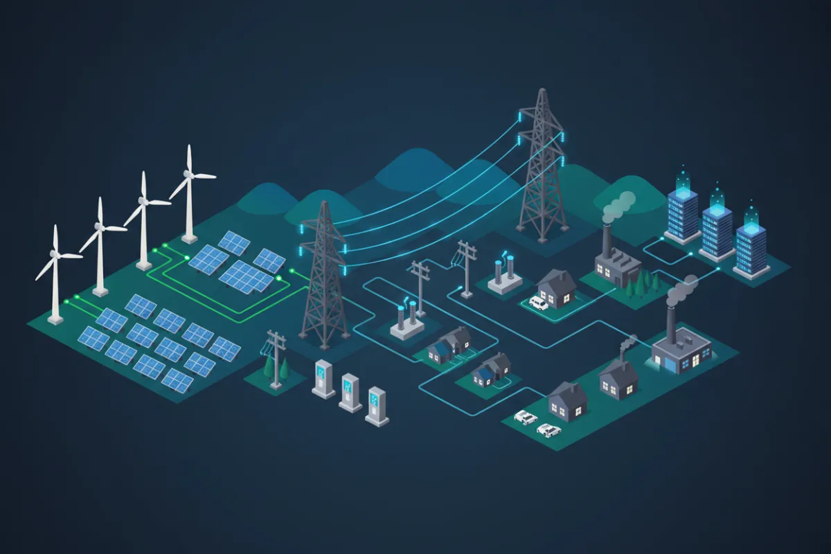 A panoramic illustration of the full electricity system showing transmission and distribution networks connected to homes, industry, renewable generation, electric vehicles, and data centres.