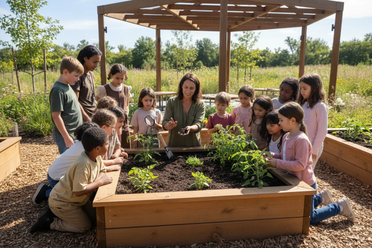Children and adults gathered around a raised garden bed, learning about soil and plants, with a teacher guiding hands-on activities in a vibrant outdoor classroom setting.