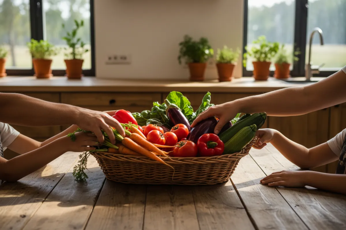 Basket of freshly harvested vegetables on a wooden table, with hands reaching in from different directions, symbolizing community-supported agriculture and shared abundance.
