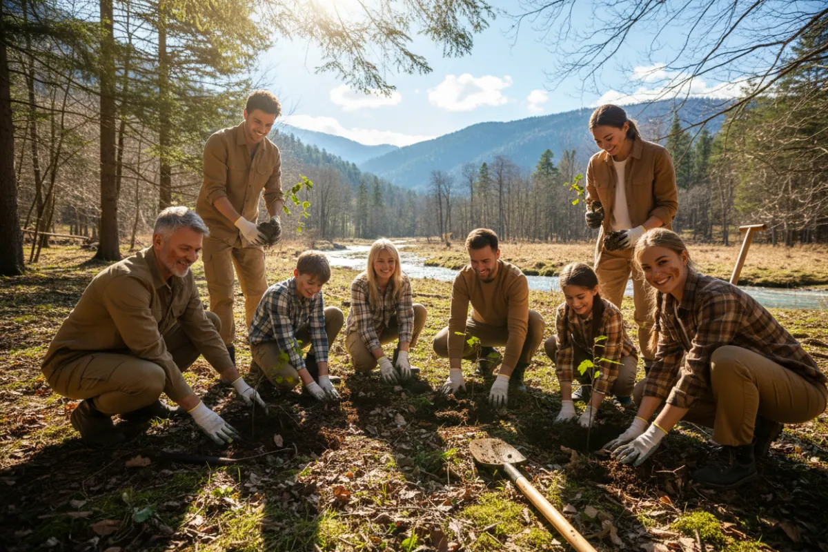 A group of volunteers of different ages planting young trees together on a sunny day, smiling and working as a team in a natural setting.