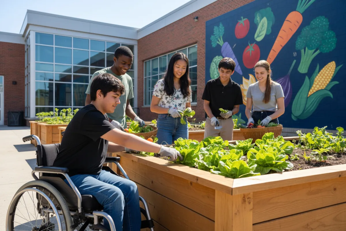 A high school student in a wheelchair harvests lettuce in a raised garden bed, surrounded by classmates of various backgrounds. The school building and a mural of vegetables are visible in the background.