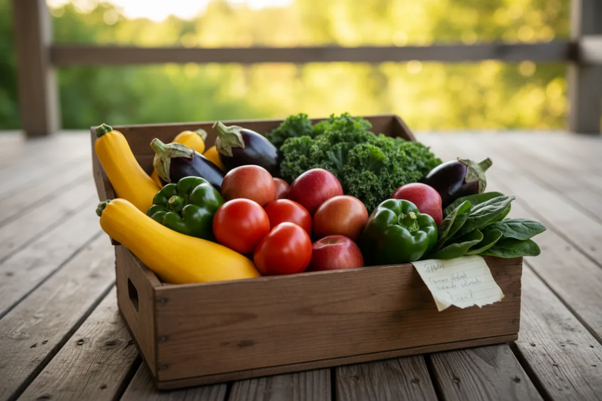 A close-up of an open food box on a porch, brimming with vibrant vegetables and fruits—tomatoes, squash, apples, and leafy greens. The box sits on a rustic wooden surface, with a handwritten note visible, suggesting a personal touch.