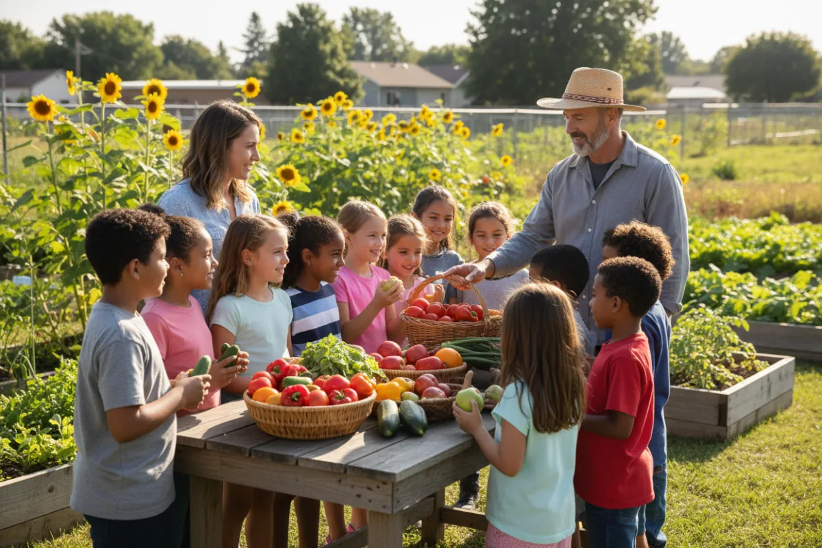 A diverse group of elementary students and teachers gather around a table of fresh vegetables and fruits, with a smiling farmer explaining produce origins. The background shows a sunlit school garden and a banner reading 'Farm-to-School Day'.