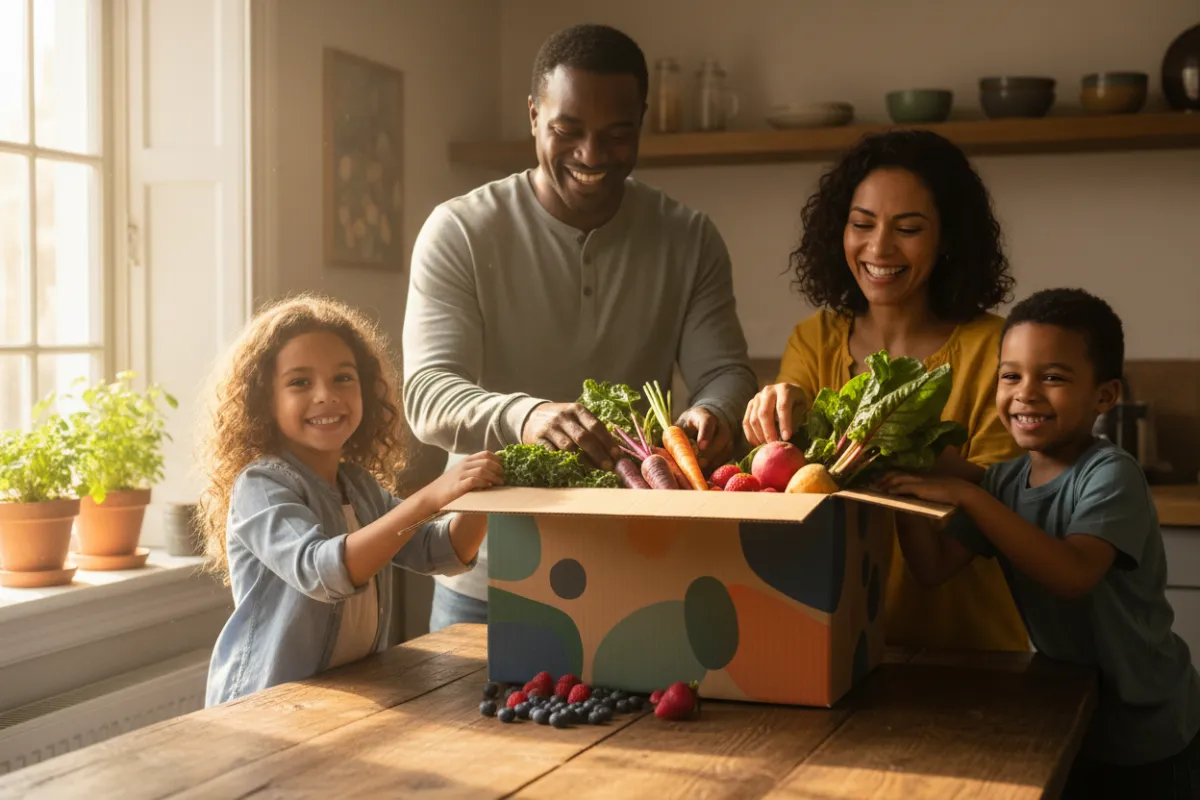 A diverse family of four, including two children, gathers around a wooden kitchen table unpacking a colorful food box filled with leafy greens, root vegetables, and berries. Sunlight streams through a window, highlighting the freshness and joy of the moment.