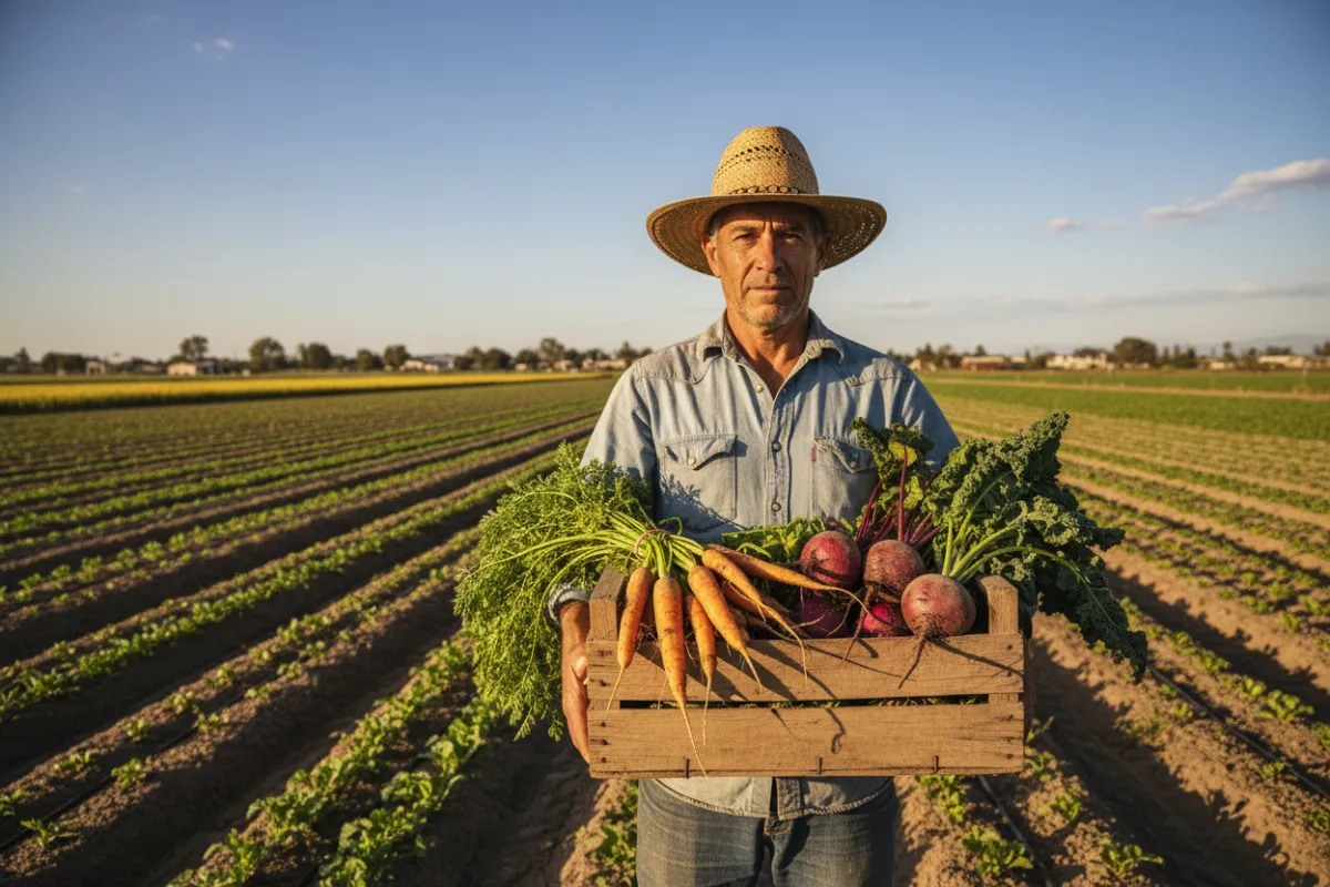 A farmer with sun-kissed skin and a straw hat stands in a lush green field, holding a wooden crate overflowing with freshly harvested carrots, beets, and greens. The background shows rows of crops under a clear sky, evoking abundance and care.