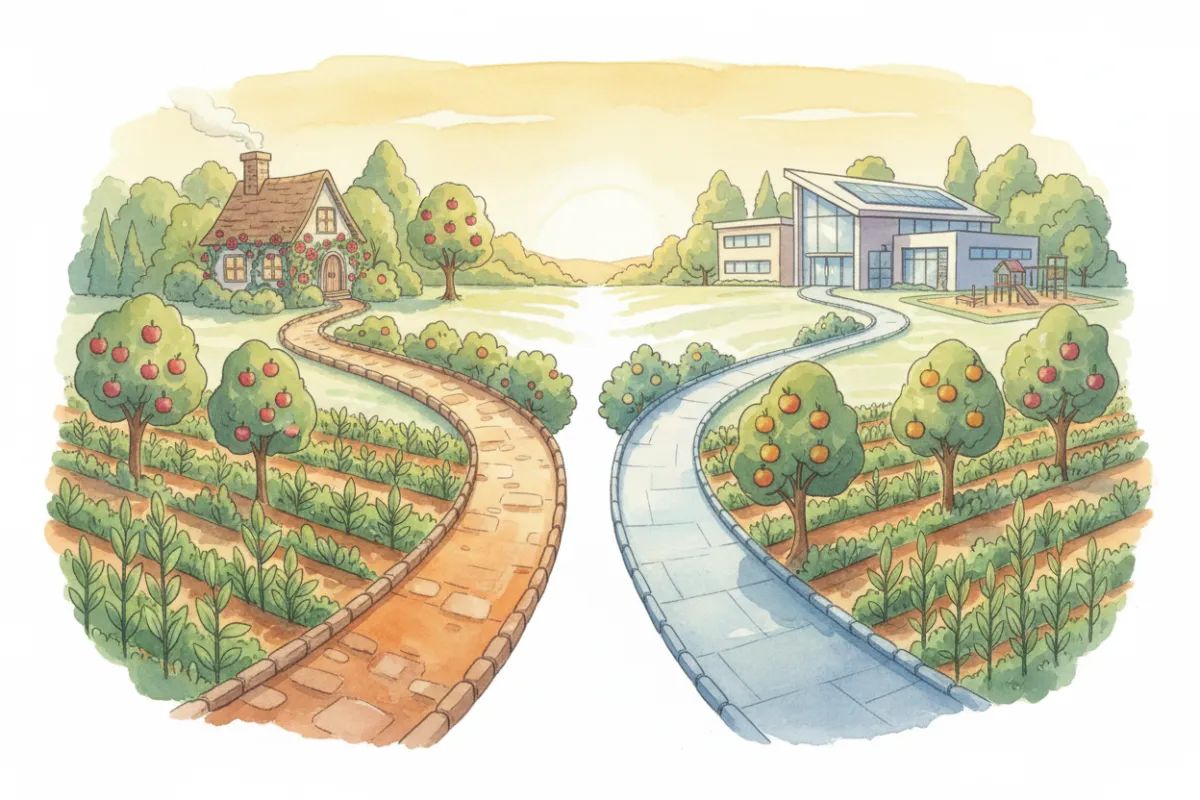 A stylized illustration of a winding path splitting into two, bordered by rows of leafy crops and fruit trees. One path leads toward a cozy home, the other toward a modern school building, both set in a sunlit, green landscape with soft watercolor textures.