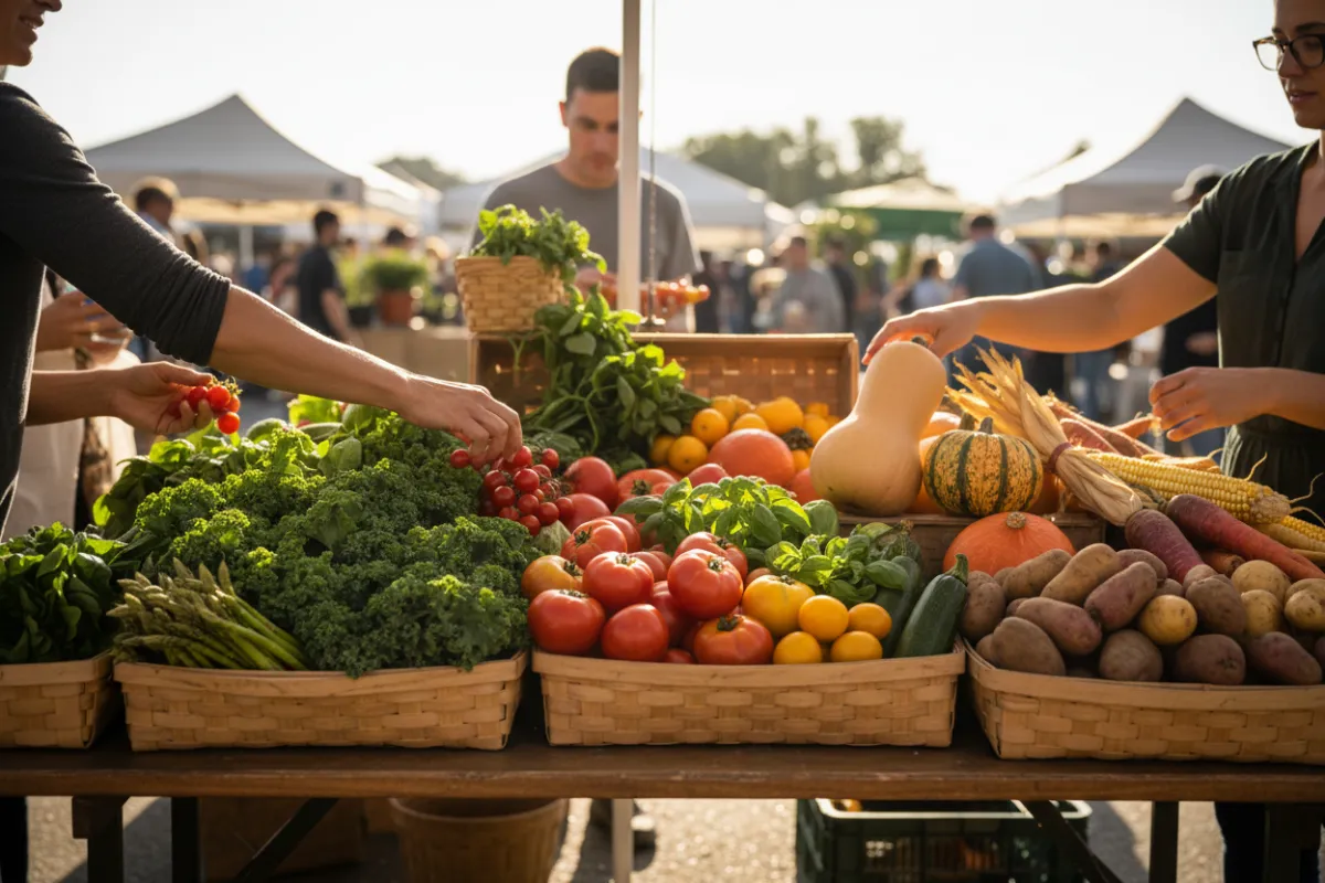 A vibrant farmers market table displays baskets of seasonal produce: spring greens, summer tomatoes, autumn squash, and winter root vegetables. The scene is lively, with hands reaching for fresh items, capturing the rhythm of the seasons.