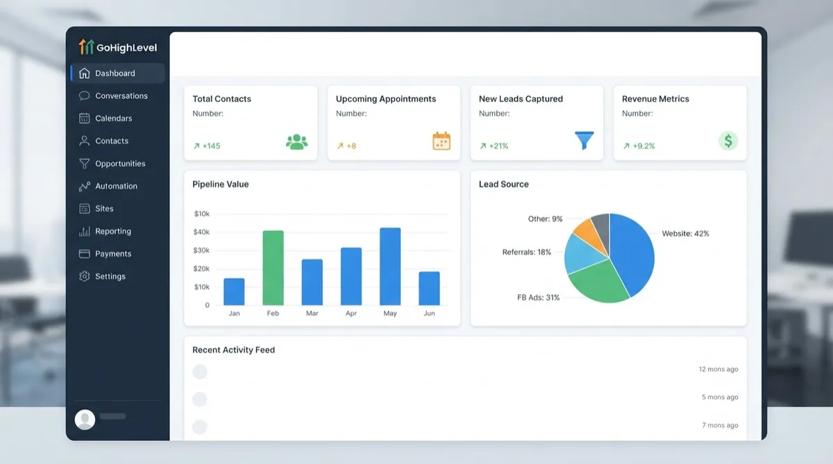 Mock-up of the GoHighLevel dashboard interface showing a sidebar and an overview of contacts, appointments, new leads, and revenue metrics.
