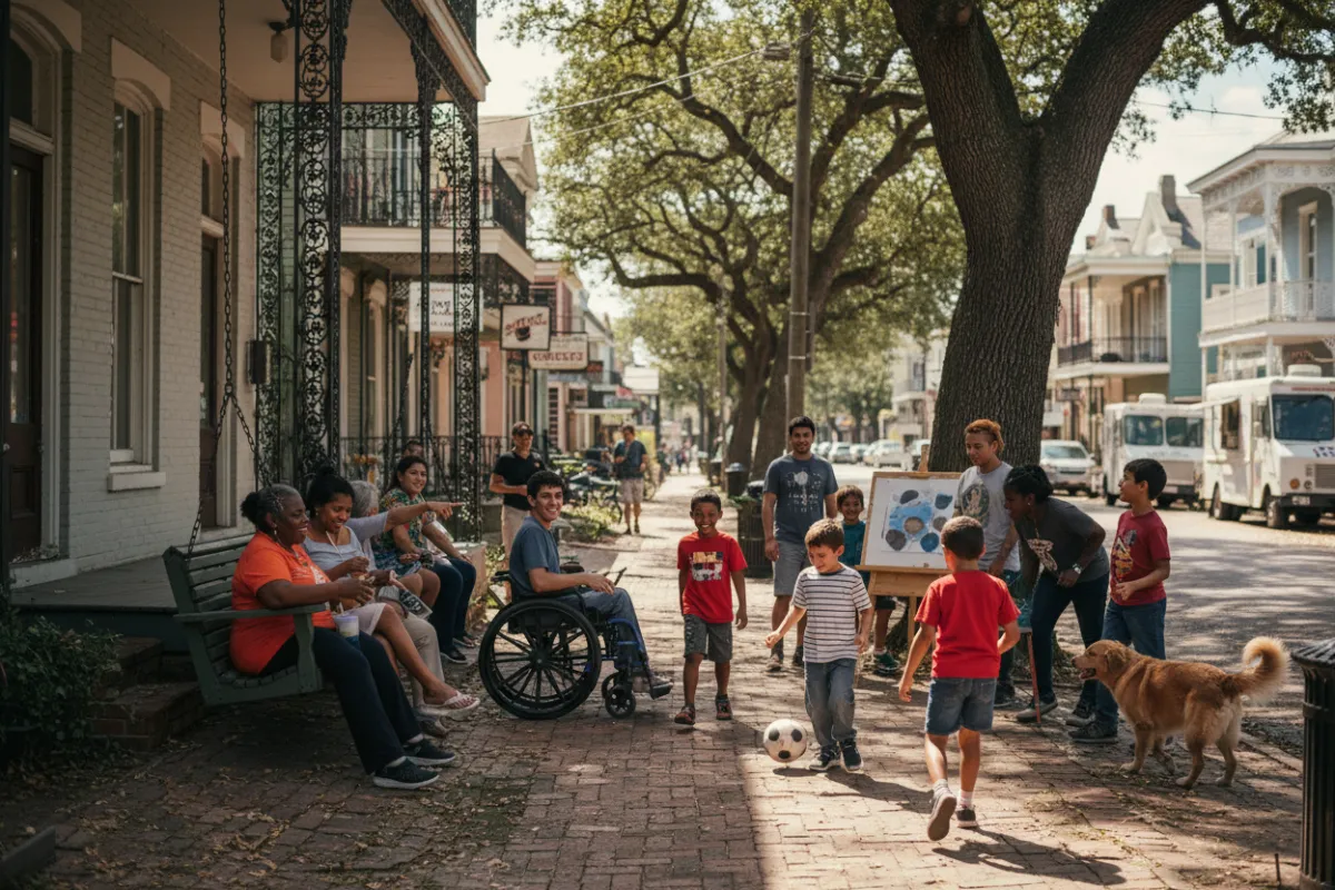 Editorial collage of Galveston streetscapes and community spaces