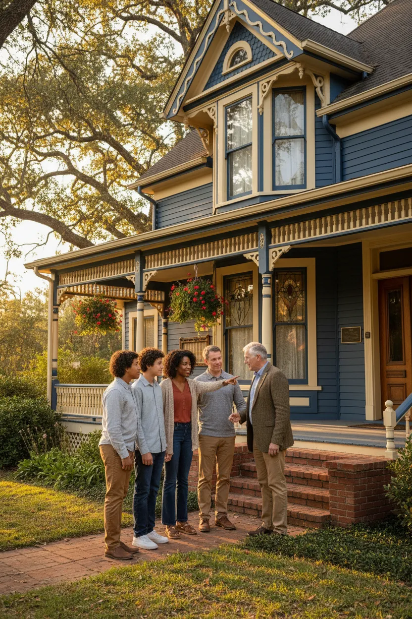 Historic Galveston home facade with detailed architectural trim