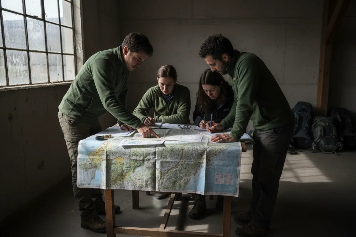 Authentic photograph suggesting planning and conversation—maps, architectural details, and hands pointing at plans