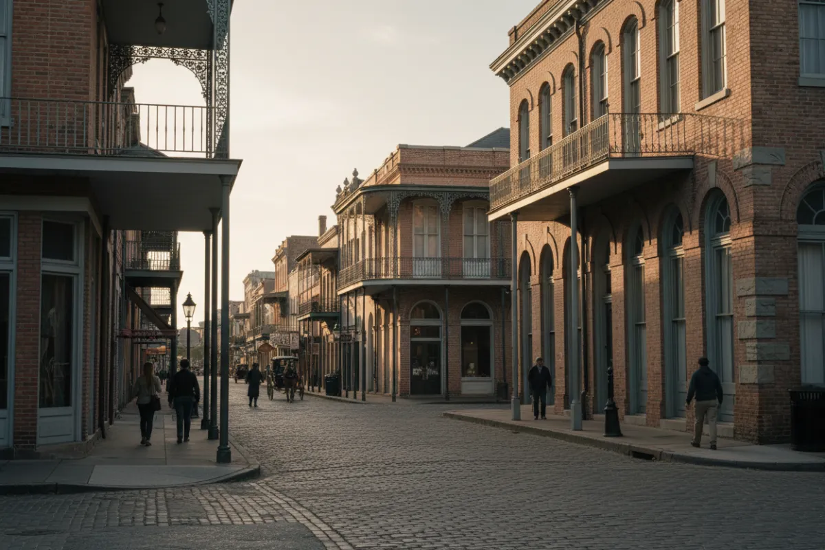 Documentary-style photo of Galveston architecture, walkable neighborhoods, natural light, architectural details, people, and craftsmanship