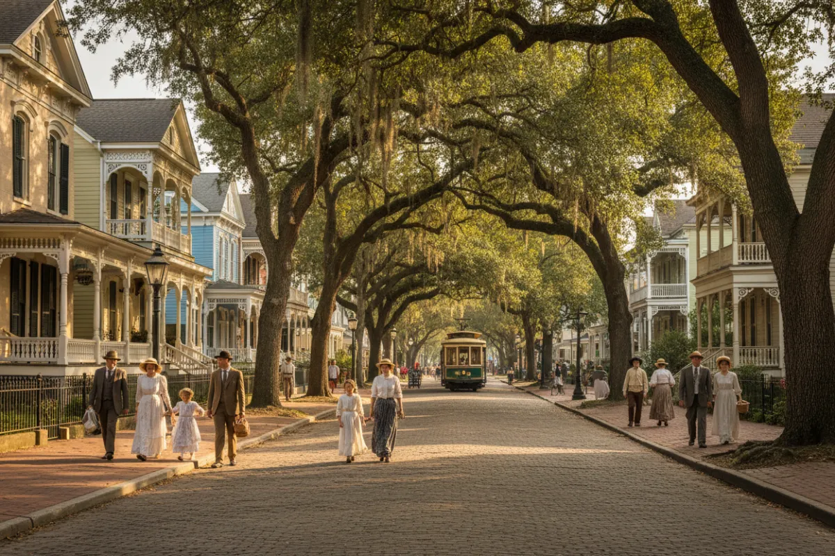 Historic Galveston street with clapboard houses and shaded porches