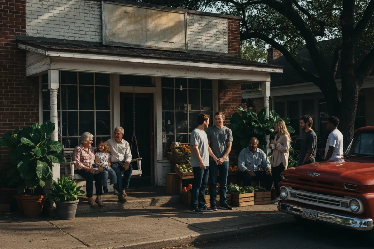 Documentary-style photo of Galveston architecture, walkable neighborhoods, natural light, architectural details, people, and craftsmanship