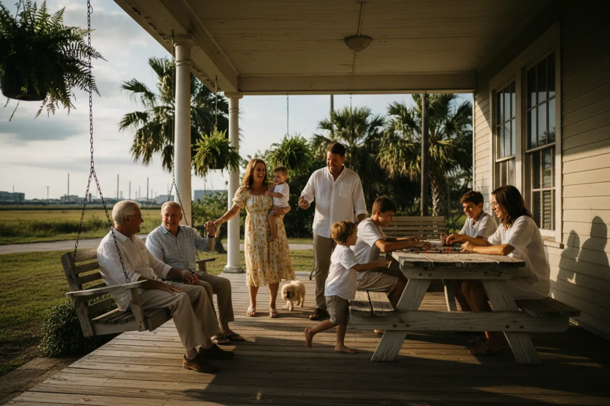 Multi-generational neighborhood scene blending historic and present-day context