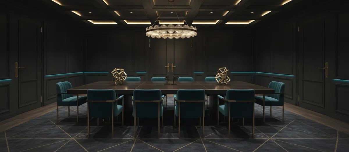A refined, architectural meeting space emphasizing high-level negotiation and strategy