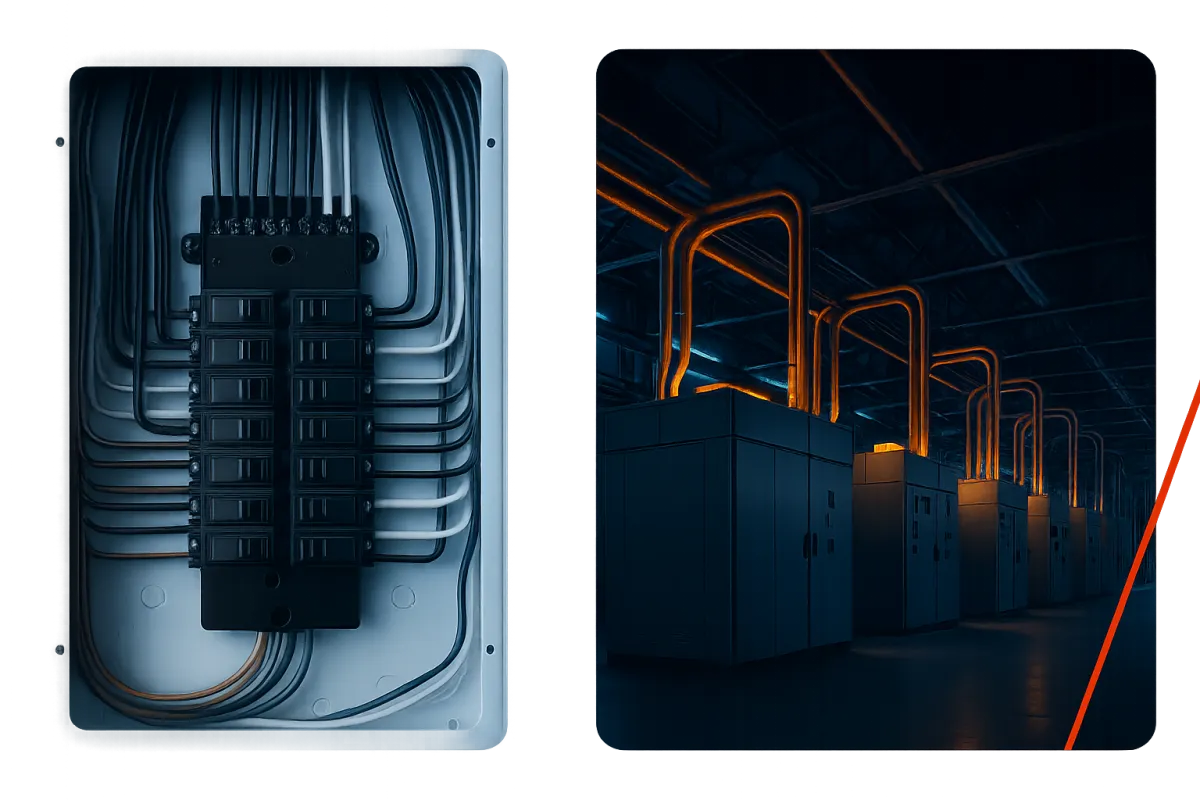 Composite image showing a split view of a residential electrical panel and a massive industrial plant