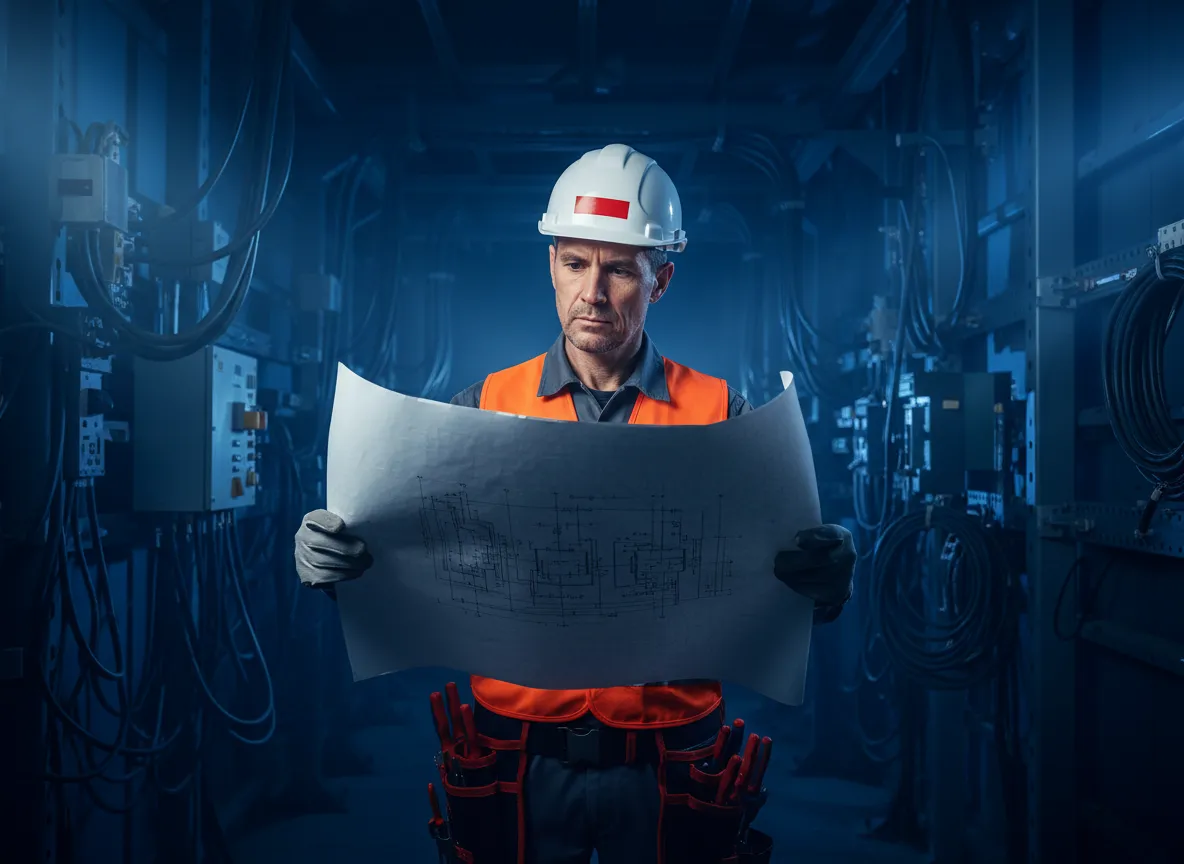 Skilled professional electrician analyzing industrial power grid