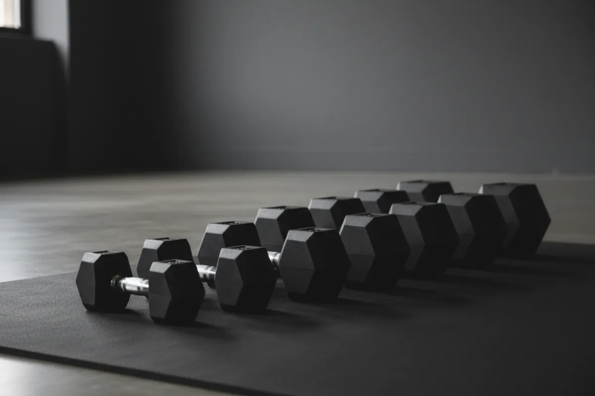 Dumbbell set neatly arranged on a mat