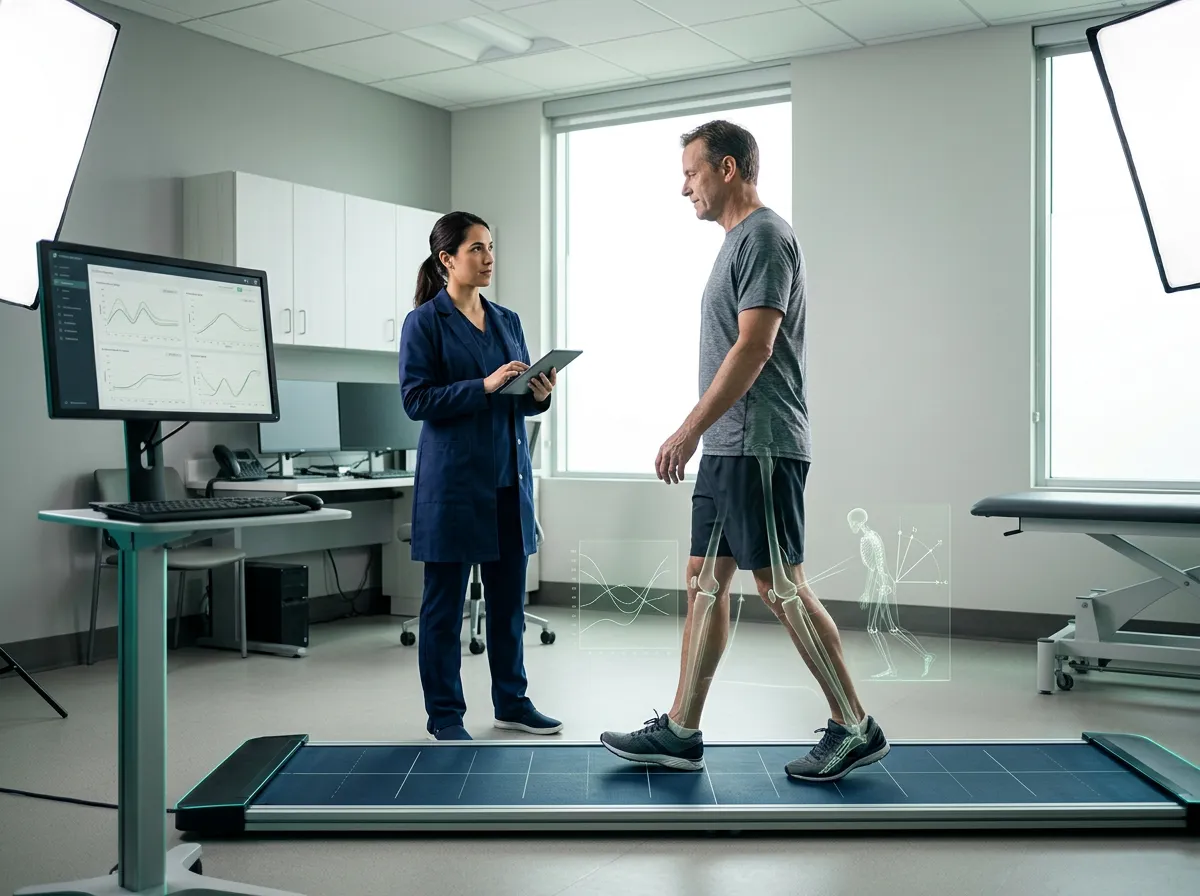 Clinical exercise physiologist analyzing biomechanical data overlay during patient gait assessment