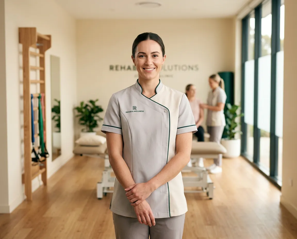 Clinical Exercise Physiologist welcoming patient with a calm reassuring smile in a modern boutique rehabilitation clinic