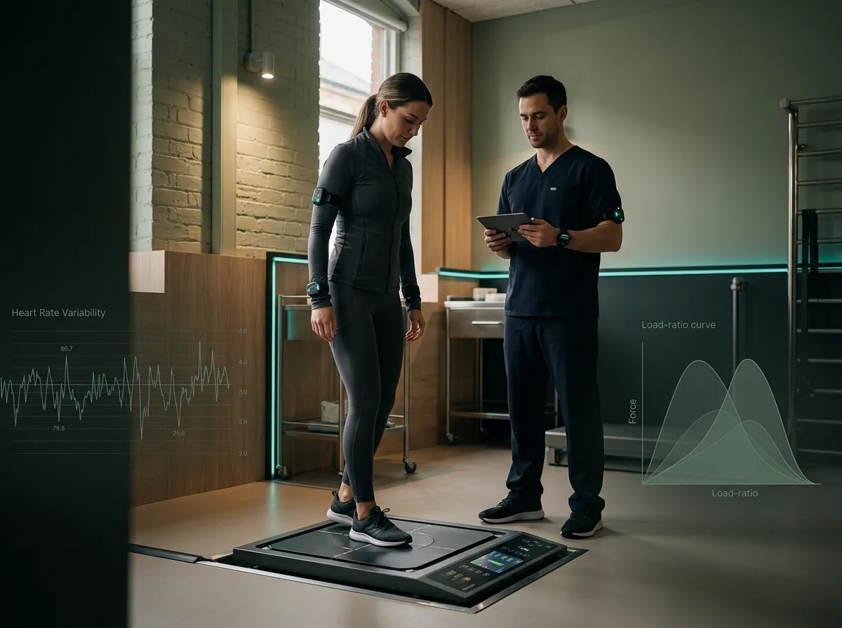 Precision rehabilitation exercise with technical heart rate variability and load ratio overlay