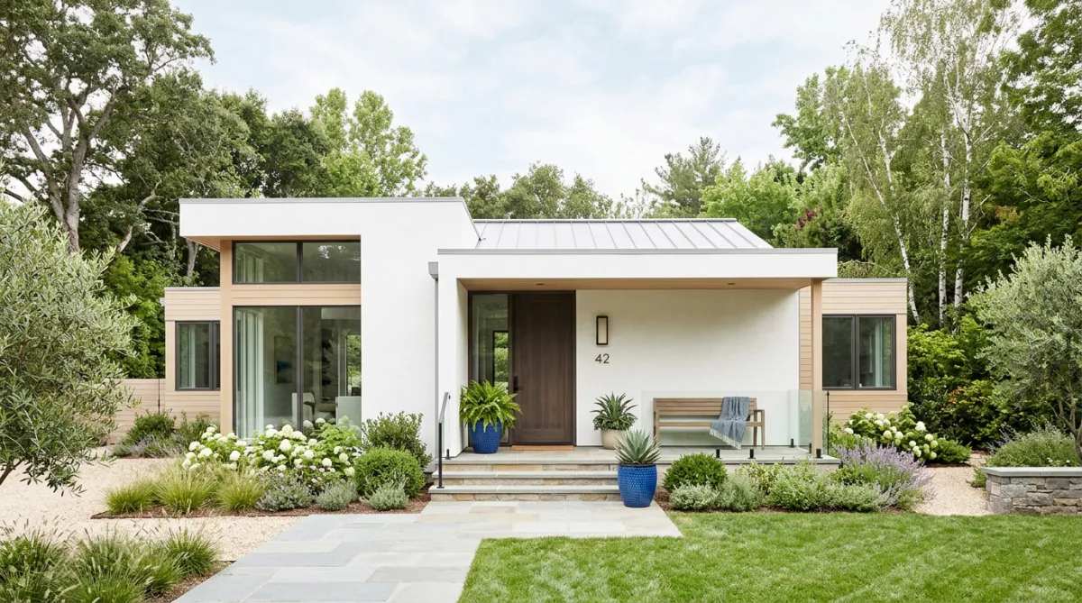 Bright and airy modern home exterior with architectural framing