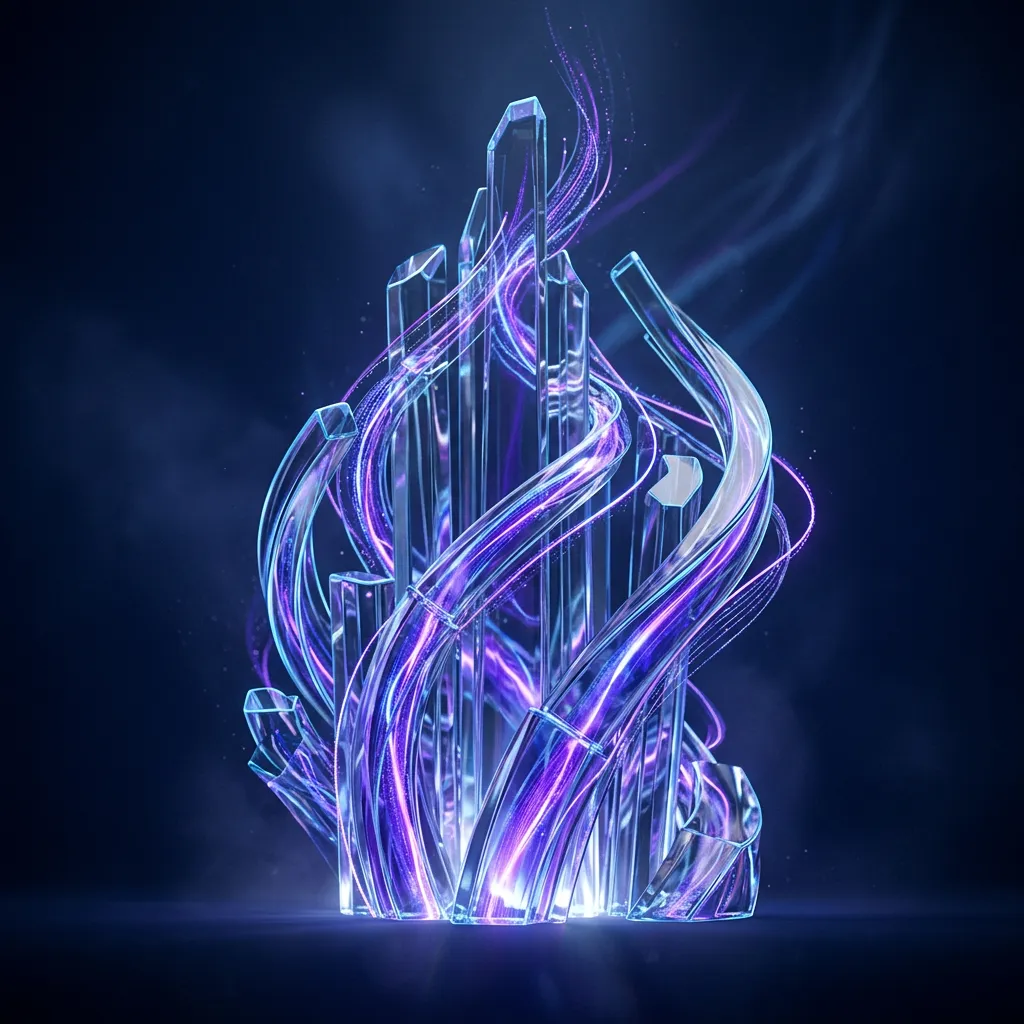 Sophisticated 3D abstract financial flow visualization with radiant blue and purple gradients