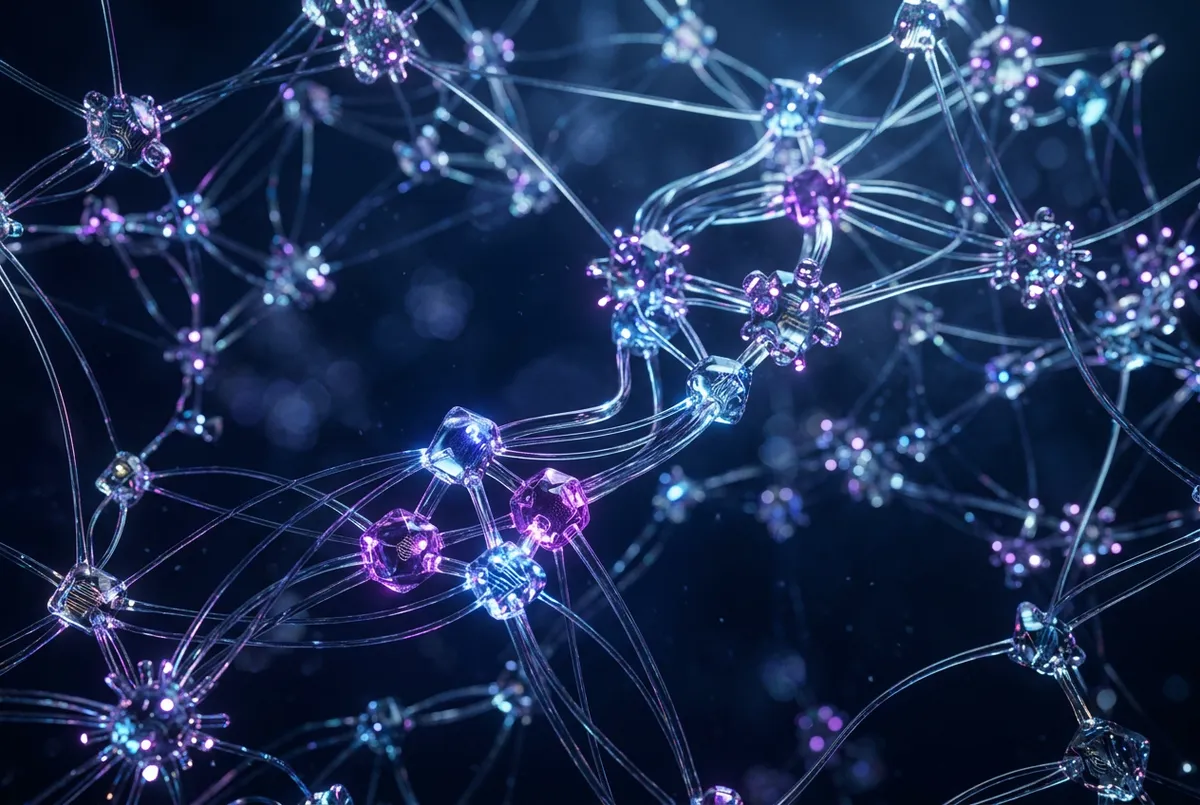 Abstract 3D crystal network nodes reflecting purple and blue light