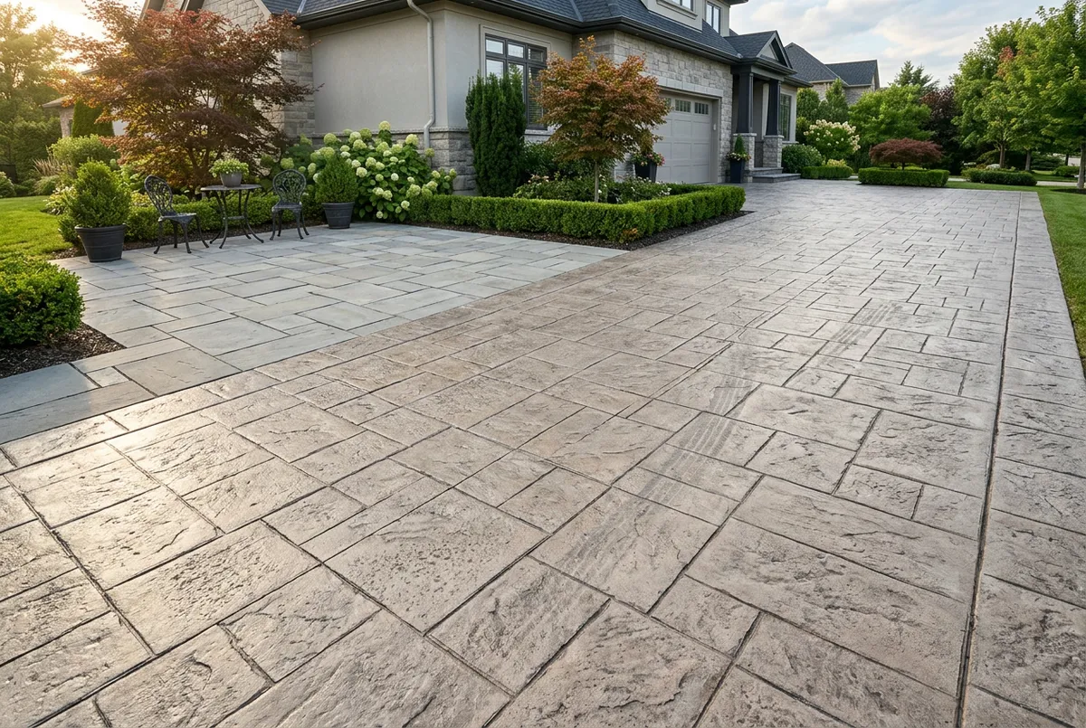 Stamped concrete driveway and custom patio masonry