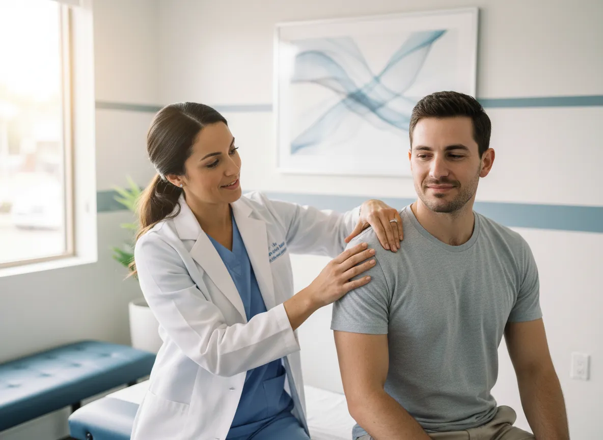 Chiropractor adjusting patient's shoulder and extremity joints