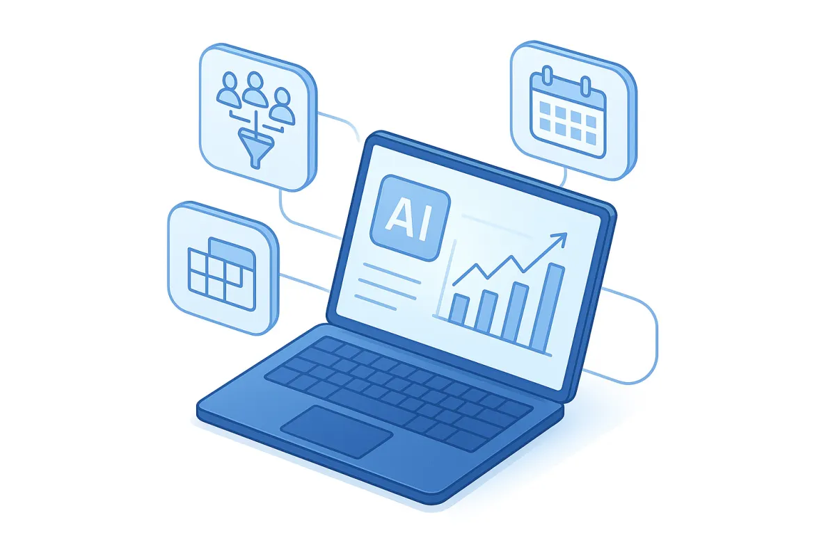 Isometric AI dashboard illustration showing lead flow, bookings, and charts