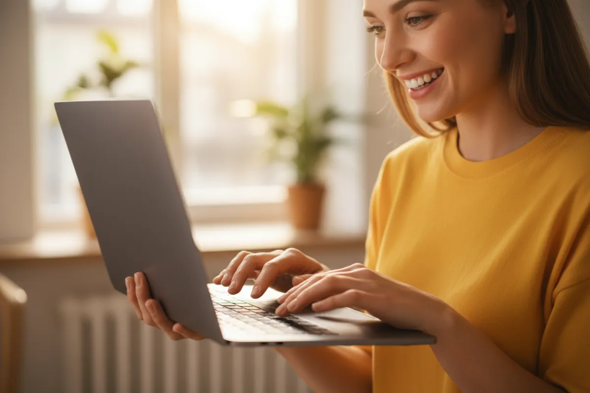 A smiling woman in her 30s, holding a certificate, stands in front of a digital whiteboard displaying AI icons. The background shows a supportive group applauding in a bright, modern classroom. The mood is celebratory and inspiring, emphasizing achievement and community.